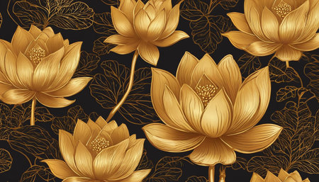 Golden lotus flowers seamless pattern on black background. Vector illustration.の素材