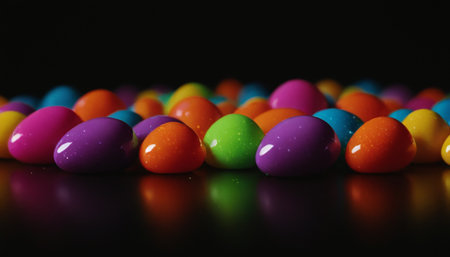 Colorful candies on black background, closeup. Easter decorationの素材