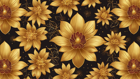 Seamless pattern with golden dahlias on black background.の素材