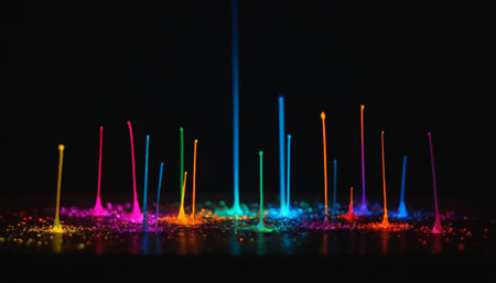 Colorful laser show on a black background. Selective focus.の素材