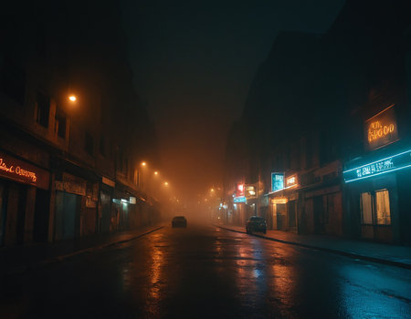 Street in the fog at night, Prague, Czech Republic, Europeの素材