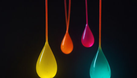 Colorful drops of paint on a black background. Shallow depth of fieldの素材