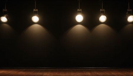 Black wall with spotlights and wooden floor. Empty space for your text.の素材