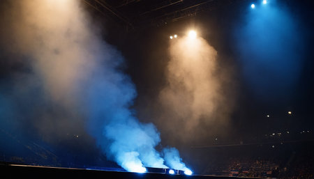 Stage lights and smoke in a concert hall. Stage lighting equipment.の素材