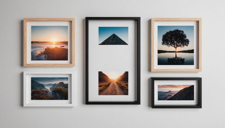 Set of photo frames on white wall background. 3D rendering.の素材