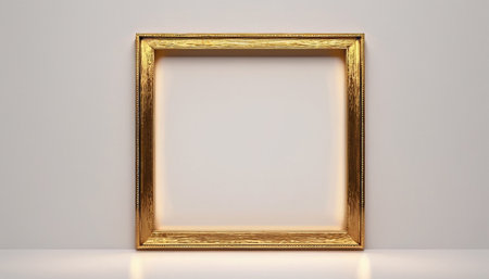 Golden picture frame on a white wall. 3d rendering mock upの素材