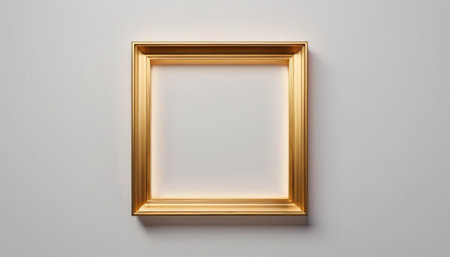 Golden picture frame on a white wall. 3d render illustration.の素材
