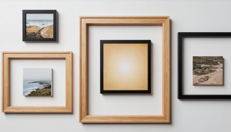 Set of empty photo frames on a white wall. 3d renderingの素材