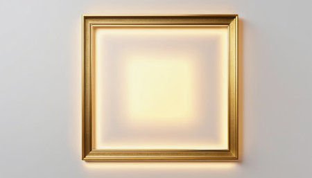 Golden picture frame on white wall. 3D rendering. Square shape.の素材