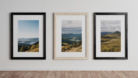 Three blank picture frames on white wall. Mock up, 3D Renderingの素材