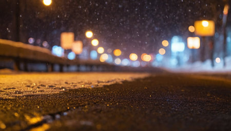 Snowfall on the road in the city at night. Blurred backgroundの素材