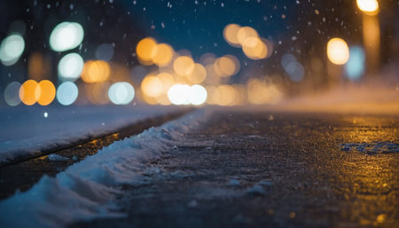 Snow on the road in the city at night, defocused backgroundの素材