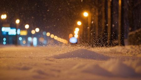 Snowfall in the city at night. Shallow depth of field.の素材