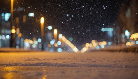 Snowfall in the city at night. Blurred background with bokeh.の素材