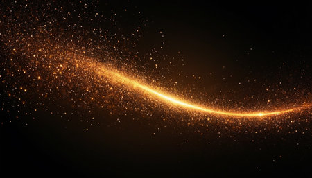 abstract golden glitter wave line lights effect on black background. Vector illustrationの素材