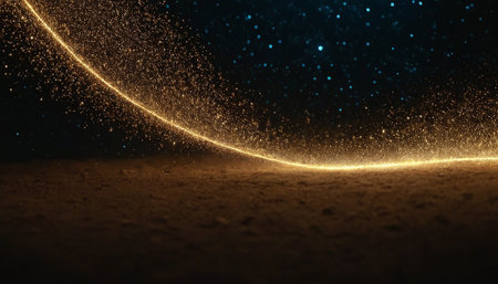 Abstract golden light trails on sand with dark background. 3d renderingの素材