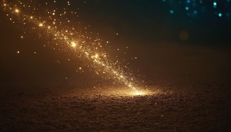 abstract golden glittering star dust trail on dark background with bokehの素材