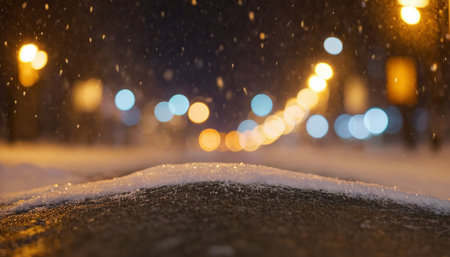 Snowfall in the city at night, defocused bokeh lightsの素材