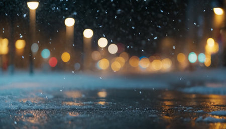 Raindrops on the pavement in the city at night, defocused backgroundの素材