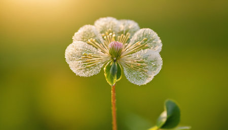 Close up of a white clover flower with morning dew.の素材