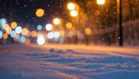 Snowfall in the city at night with bokeh lights.の素材
