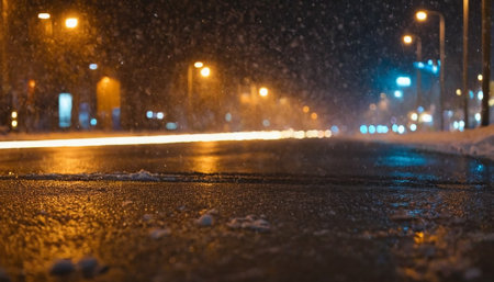 Snow on the road in the city at night. Blurred background.の素材
