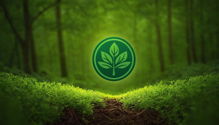 Ecology concept. Green eco sign on forest background. 3D renderingの素材
