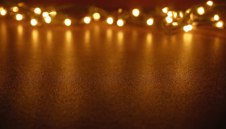 Christmas lights bokeh on brown background. Christmas and New Year concept.の素材