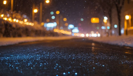 Snowfall on the road in the city at night with bokeh lightsの素材