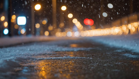 Snowfall on the road in the city at night. Blurred backgroundの素材