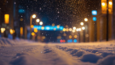 Snowfall on the street in the city at night, defocused lightsの素材