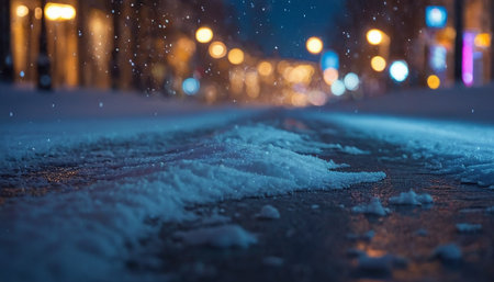 Snowfall on the road in the city at night, blurred backgroundの素材