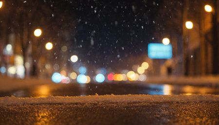 Snowfall on the road in the city at night. Blurred background.の素材