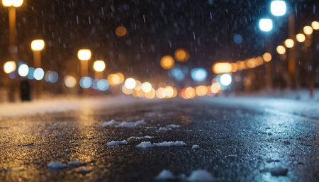 Winter city street at night with lights and snowflakes, defocusedの素材