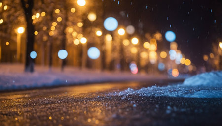 Snowfall in the city at night, defocused bokehの素材