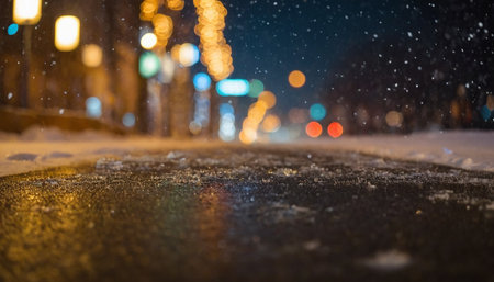 Night city street with snow, bokeh lights and falling snowflakesの素材