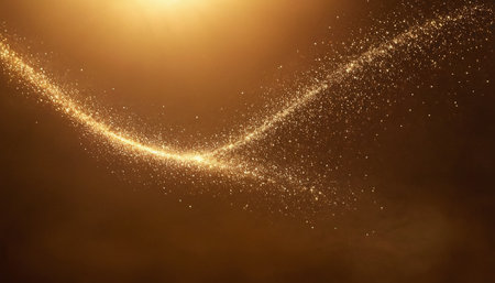 Golden glittering particles and lines on a dark background. 3d renderingの素材
