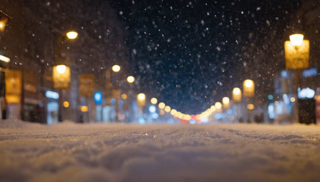 Snowfall in the city at night. Blurred background and bokeh.の素材