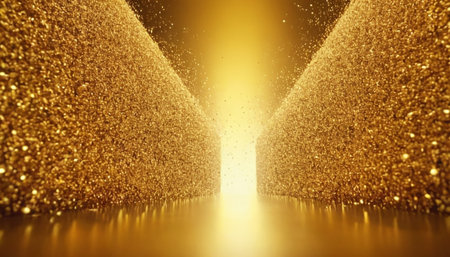Golden abstract background with light rays and bokeh. 3d renderingの素材