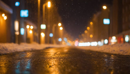 Blurred view of street at night with snowfall, bokehの素材