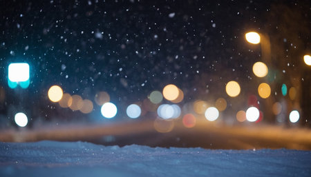 Snowfall in the city at night. Blurred background with bokeh lights.の素材