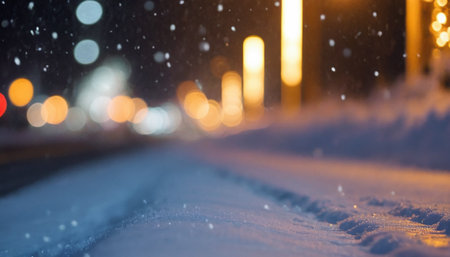 Snowfall in city at night. Blurred background with bokeh.の素材