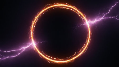Circle of electric lightning on a dark background. 3D Renderingの素材