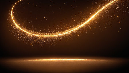 Glowing golden lines with bokeh effect on dark background. Glowing neon lines on dark backgroundの素材