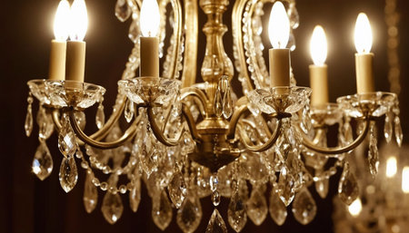 Luxury crystal chandelier with burning candles in dark roomの素材