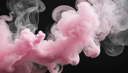 Colorful pink and white smoke isolated on black background. Abstract background.の素材