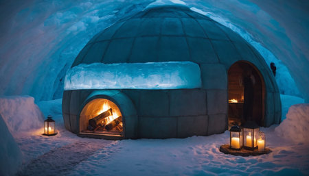Ice igloo with burning candles at night in winter, Russia.の素材