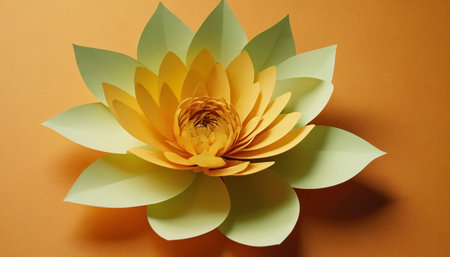 Paper craft of lotus flower on orange background. Top view.の素材
