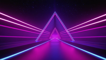3d abstract background with neon lights. neon tunnel.space construction. 3d illustrationの素材