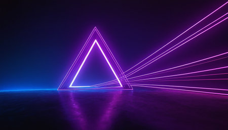 3d render, abstract background with neon lights. Glowing triangle in empty roomの素材